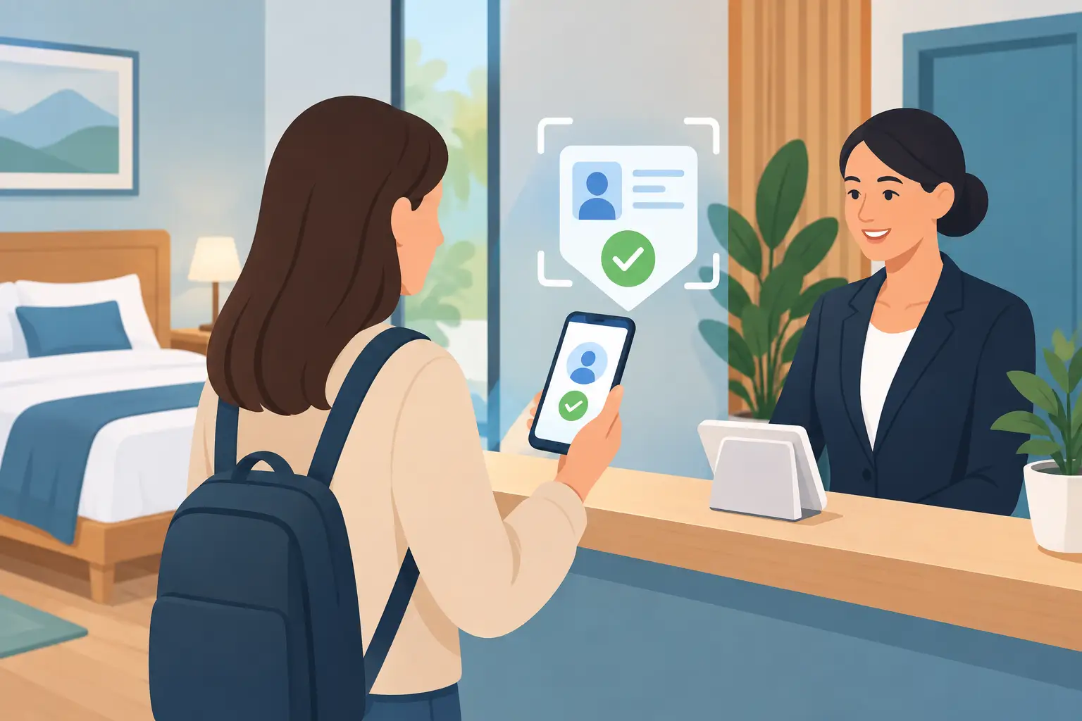 Un'ospite con lo zaino, al banco della reception, mostra sul telefono il check-in già completato e il documento verificato; dall'altra parte del banco la receptionist la accoglie