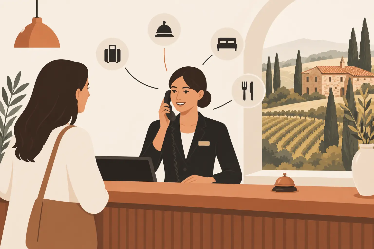 Alla reception una receptionist risponde al telefono mentre un'ospite attende davanti al banco; sopra di lei le icone delle richieste più frequenti, bagagli, servizio in camera, letto e ristorante, e dalla finestra le colline toscane con un casale e le vigne