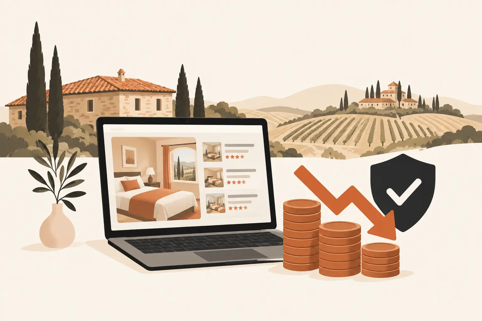 Un portatile mostra un elenco di camere con le recensioni; accanto, pile di monete e una freccia che scende verso uno scudo con il segno di spunta, tra colline e vigneti toscani