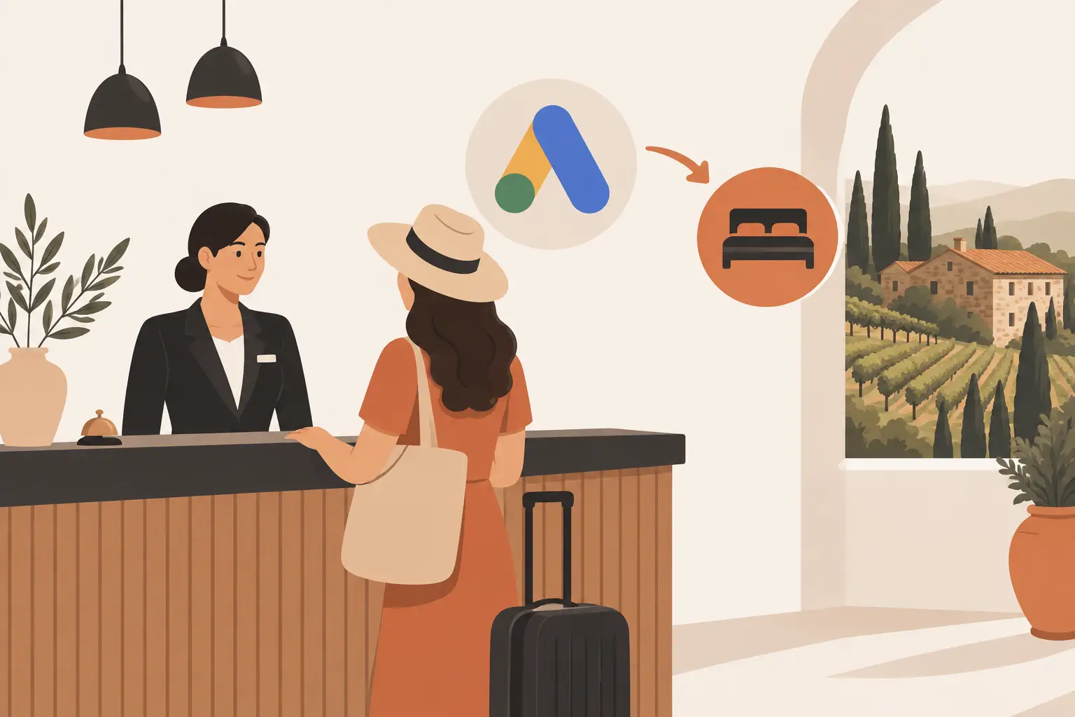 Alla reception un'ospite con cappello di paglia, borsa e trolley parla con la receptionist; sopra di loro l'icona di Google Ads porta con una freccia a quella di un letto, e oltre l'arco le colline toscane con un casale, i cipressi e le vigne
