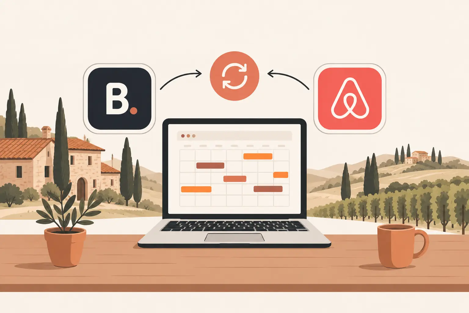 I loghi di Booking.com e Airbnb sopra un portatile che mostra un calendario con le date occupate, collegati da un'icona di sincronizzazione; sullo sfondo un casale toscano e le colline