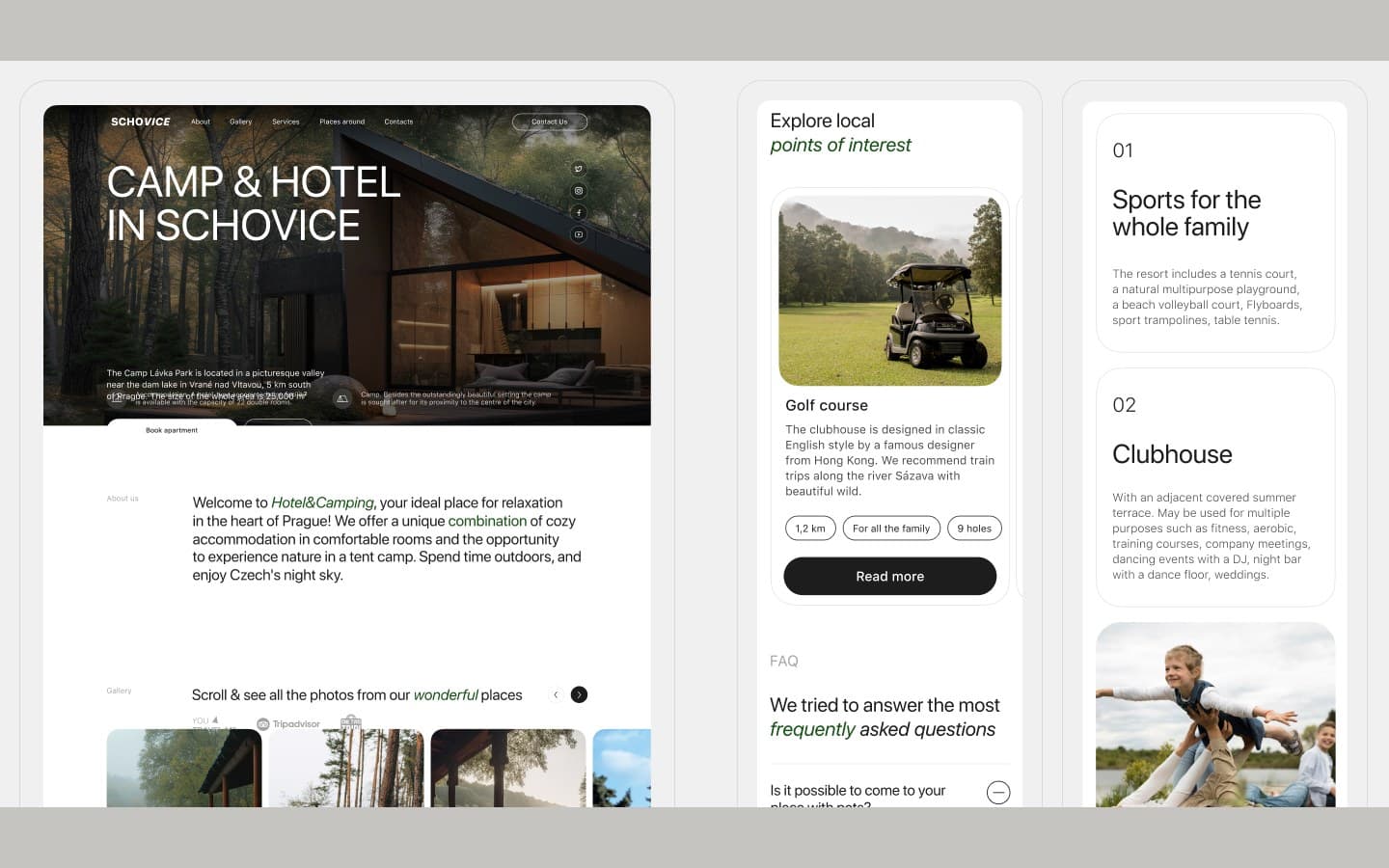 Pagine del redesign: home, punti di interesse nei dintorni, blocchi dei servizi e domande frequenti