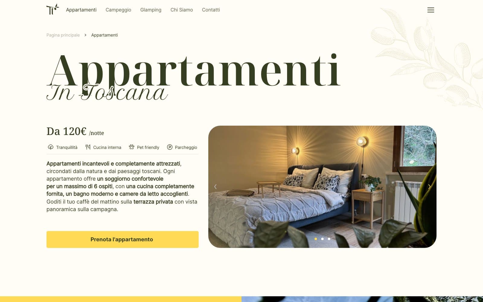 Pagina degli appartamenti con prezzo, servizi e pulsante di prenotazione