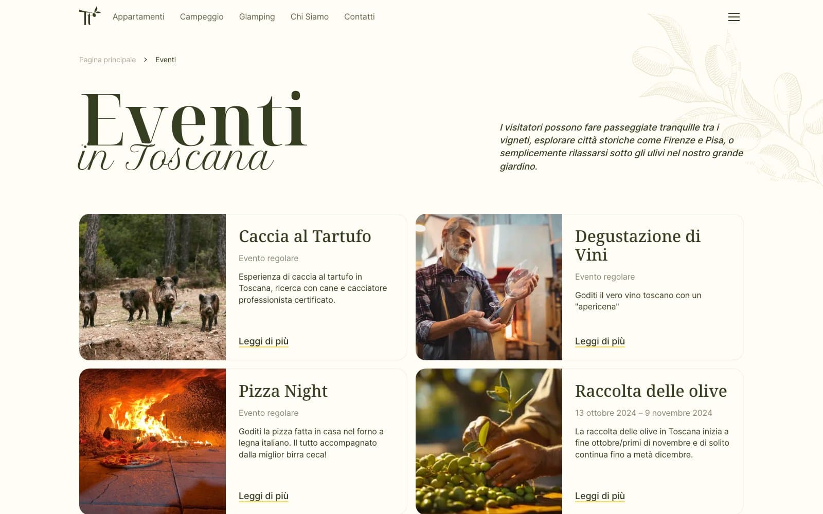 Pagina degli eventi: caccia al tartufo, degustazione di vini, pizza night, raccolta delle olive