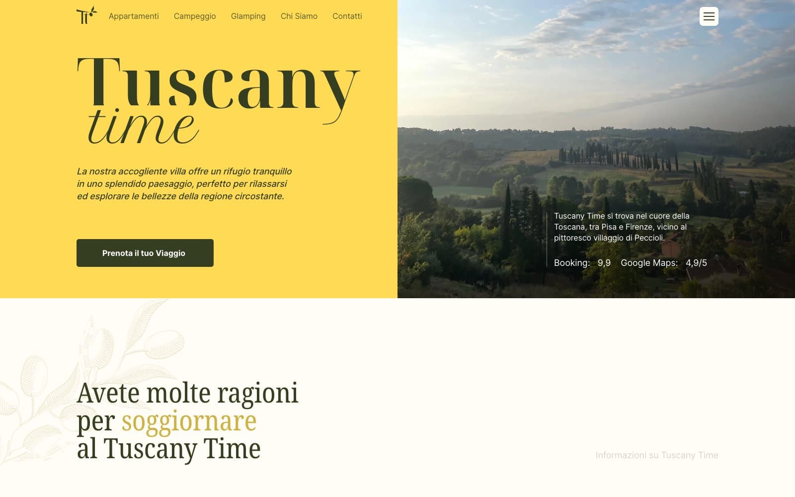 Home page di Tuscany Time: il titolo sul giallo del marchio e le colline toscane