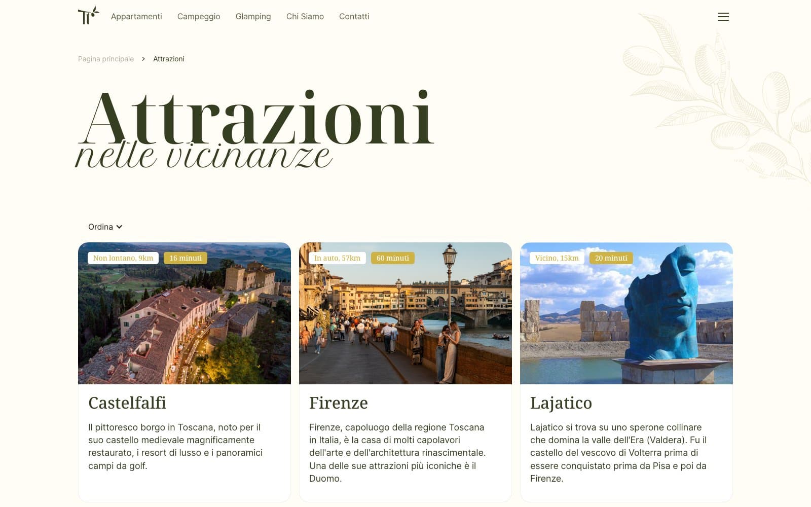 Pagina delle attrazioni nelle vicinanze, con distanza e tempo di percorrenza