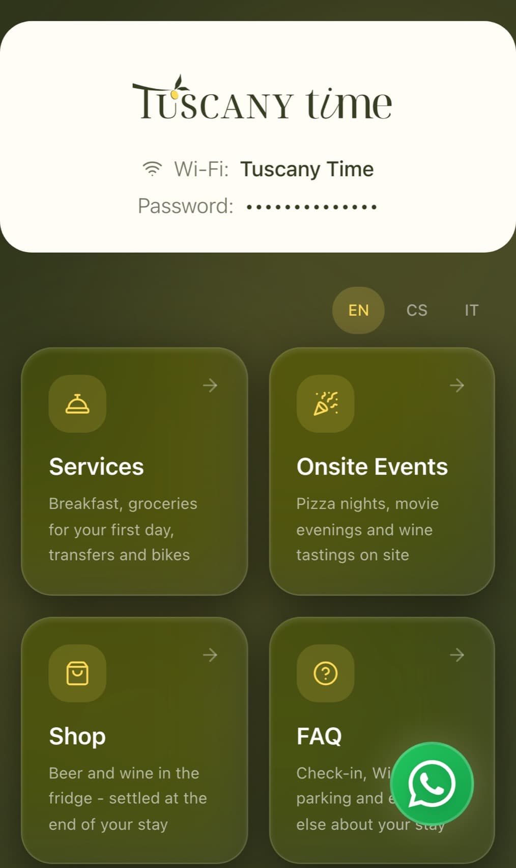 Schermata iniziale della guida, con Wi-Fi e categorie dei servizi