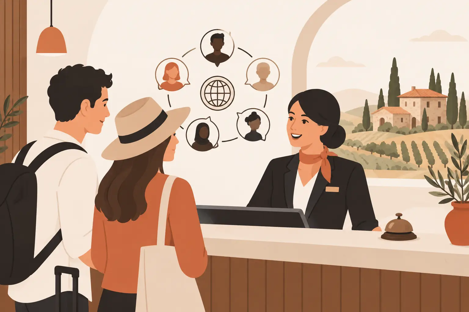 Una coppia di viaggiatori con zaino e valigia al banco della reception; la receptionist li accoglie sorridendo, sopra di loro un globo circondato dai volti di ospiti di tutto il mondo, dalla finestra le colline toscane con cipressi e un casale in pietra