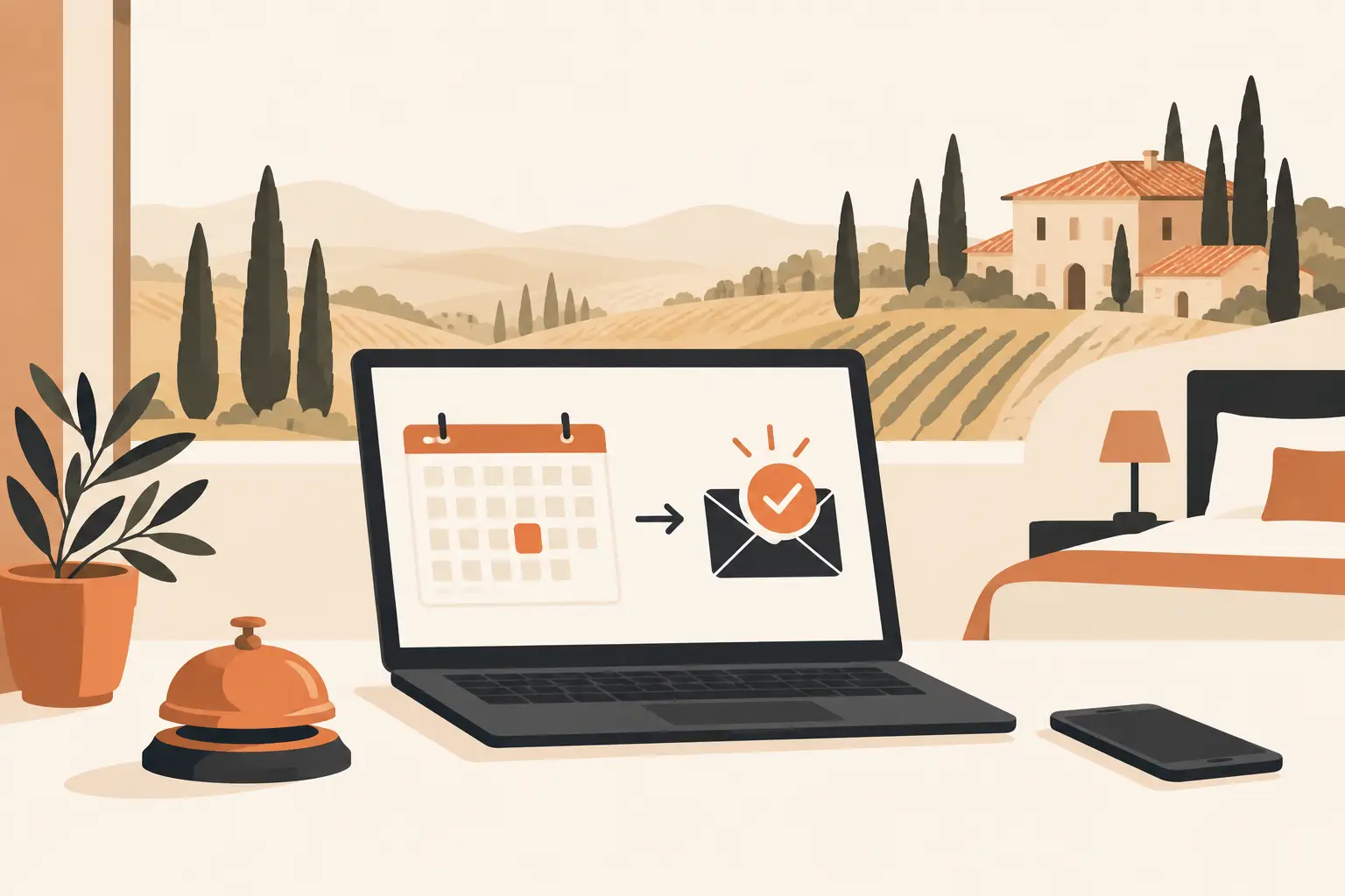 Un portatile su un banco reception mostra un calendario e una conferma inviata, con colline toscane e un casale sullo sfondo