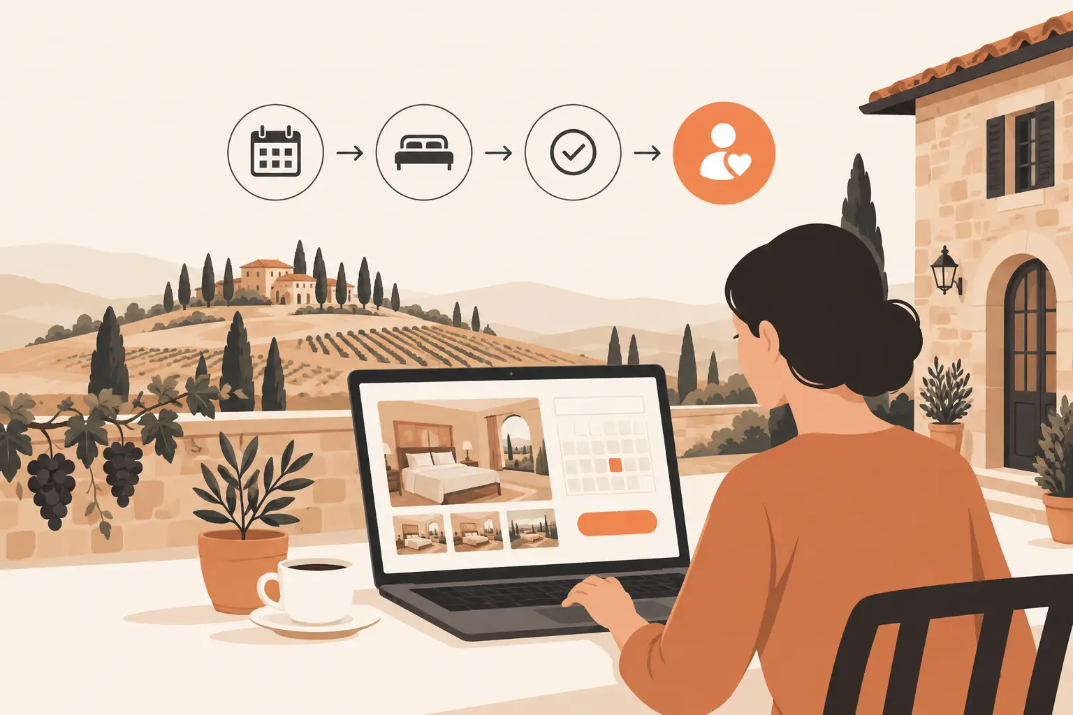 Una donna al portatile, su una terrazza affacciata sulle colline toscane, completa una prenotazione diretta; sopra di lei quattro icone mostrano il percorso dalle date alla conferma fino all'ospite