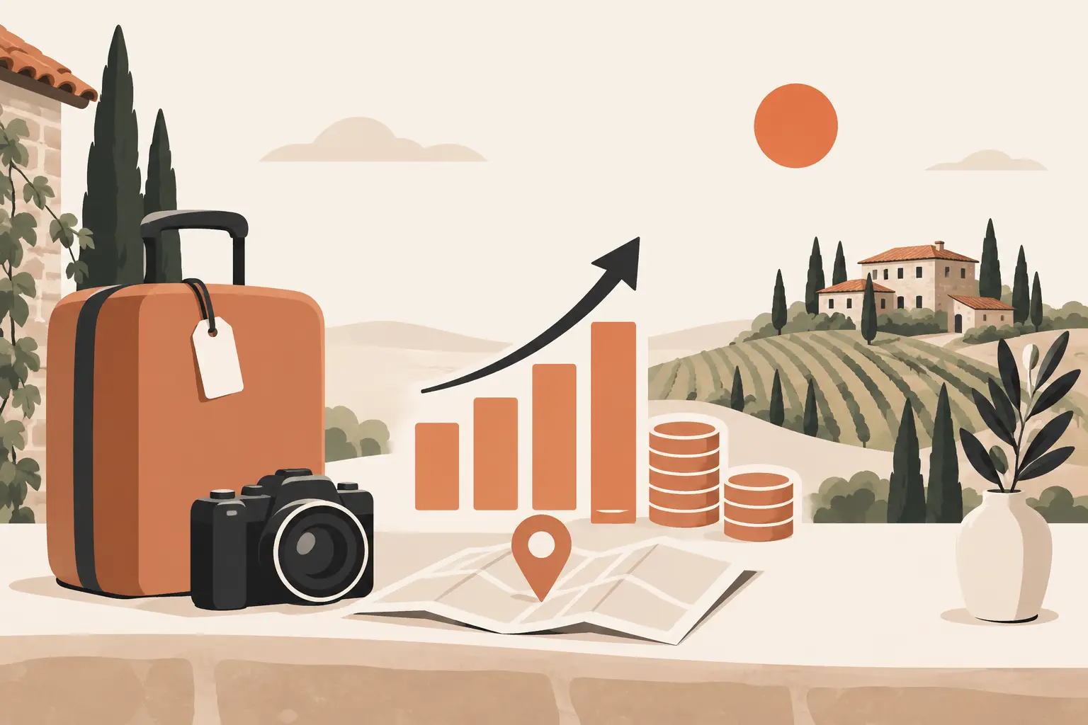 Su un muretto una valigia, una macchina fotografica, una mappa e pile di monete accanto a un grafico a barre con la freccia che sale; sullo sfondo le colline toscane con un casale, i cipressi e le vigne