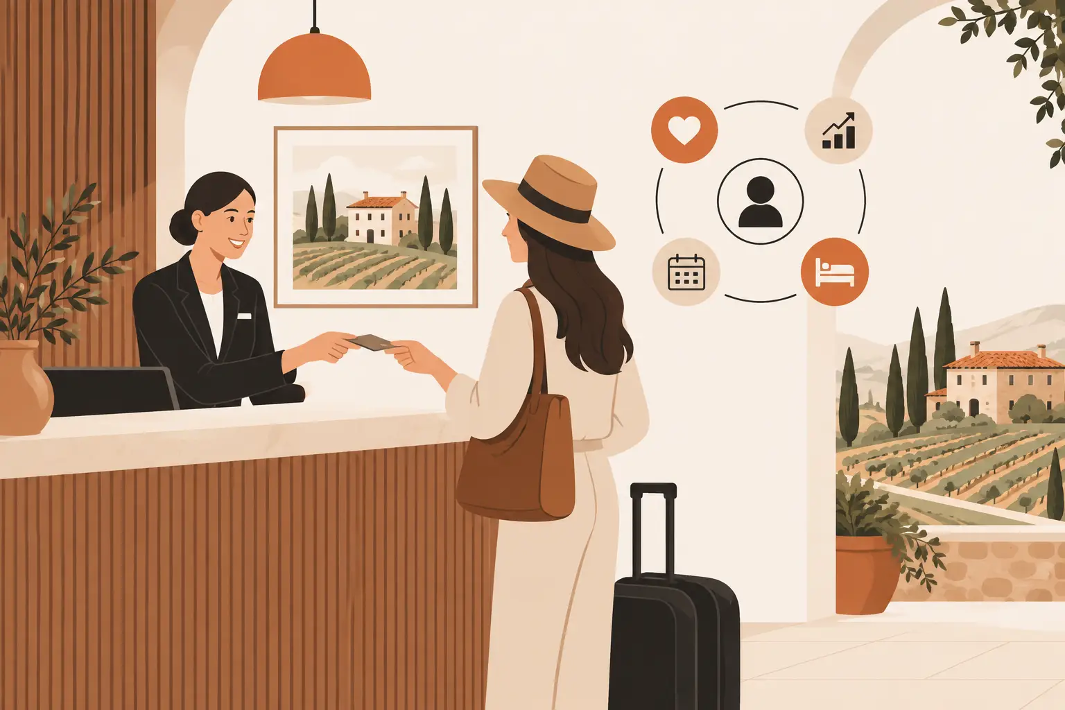 Alla reception la receptionist restituisce il documento a un'ospite con cappello di paglia e valigia; accanto a loro le icone della scheda ospite, preferenze, date del soggiorno, camera e andamento delle prenotazioni, e oltre l'arco le colline toscane con un casale e le vigne