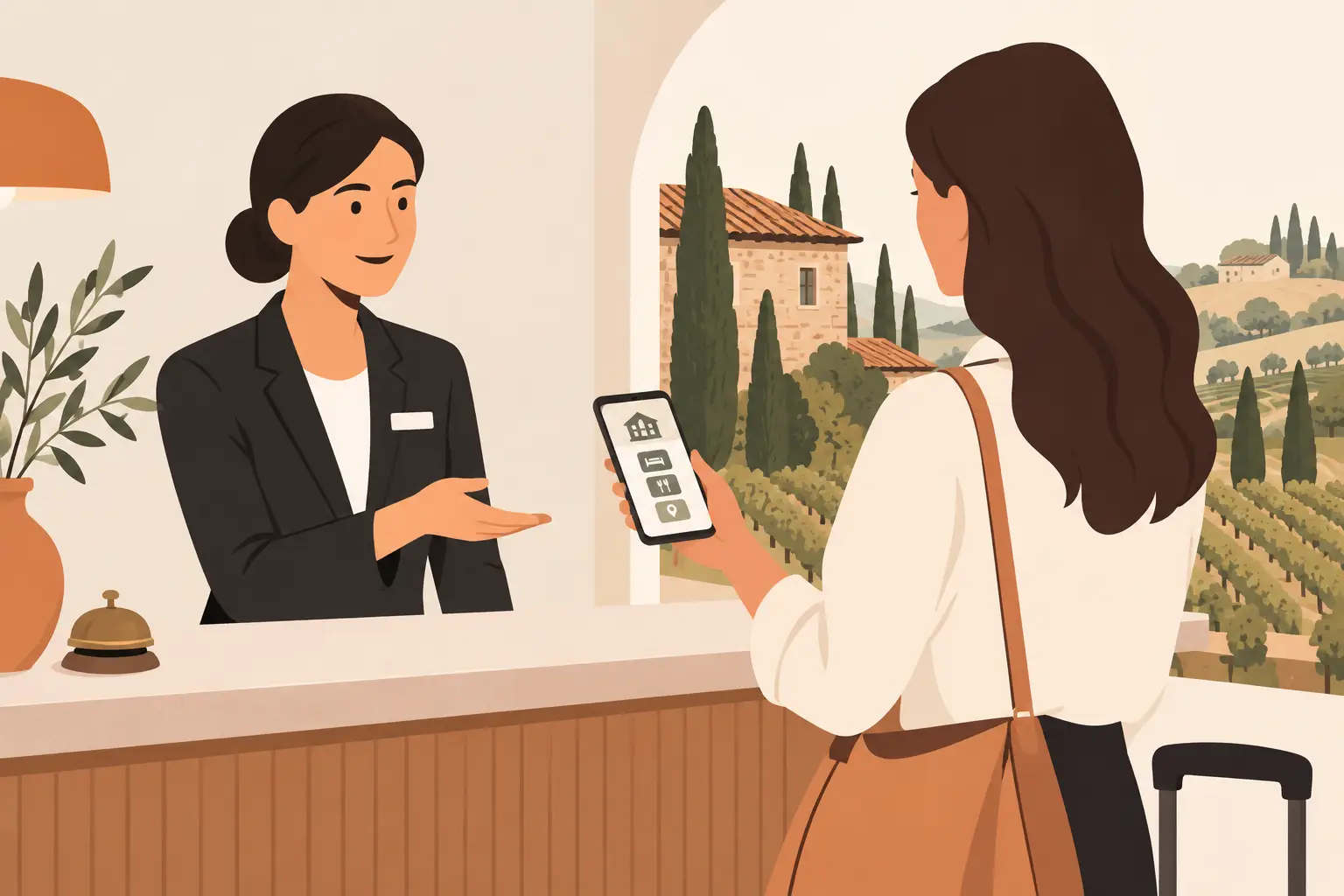 Un'ospite con la borsa e la valigia al banco della reception consulta sul telefono la guida della struttura, con le icone di camera, ristorante e mappa; la receptionist le indica qualcosa, dalla finestra un casale in pietra tra cipressi e vigneti