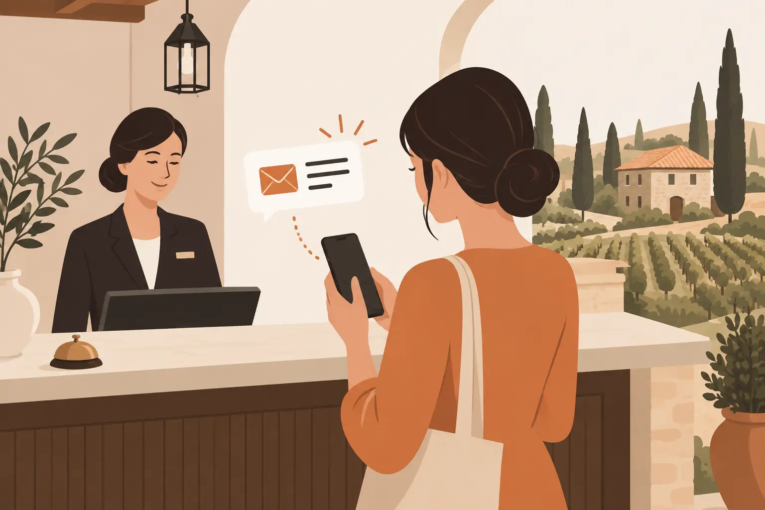 Una receptionist dietro il banco di un agriturismo sorride a un'ospite che riceve sul telefono il messaggio prima dell'arrivo; fuori, cipressi e un vigneto toscano