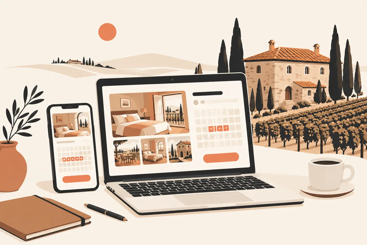 Un portatile e uno smartphone mostrano il sito di una struttura con le foto delle camere e un calendario di prenotazione, davanti a un casale toscano in pietra e a un vigneto